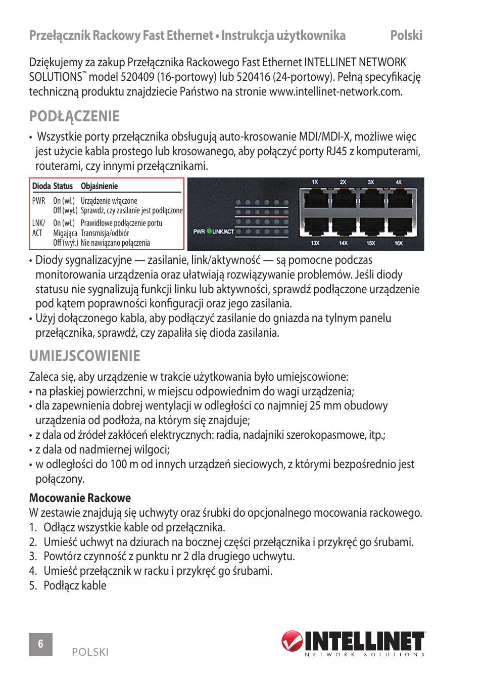 Podłączenie, Umiejscowienie | INTELLINET NETWORK 520416 24-Port Fast Ethernet Rackmount Switch User Manual | Page 6 / 12