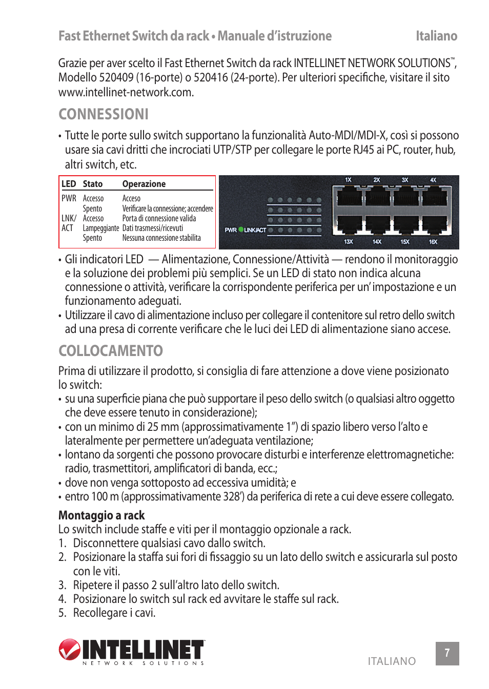 Connessioni, Collocamento | INTELLINET NETWORK 520416 24-Port Fast Ethernet Rackmount Switch User Manual | Page 7 / 12