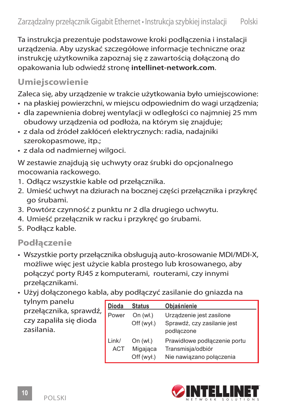 Umiejscowienie, Podłączenie | INTELLINET NETWORK 560801 24-Port Gigabit Managed Switch + 4 SFP Ports Quick Install Guide User Manual | Page 10 / 16