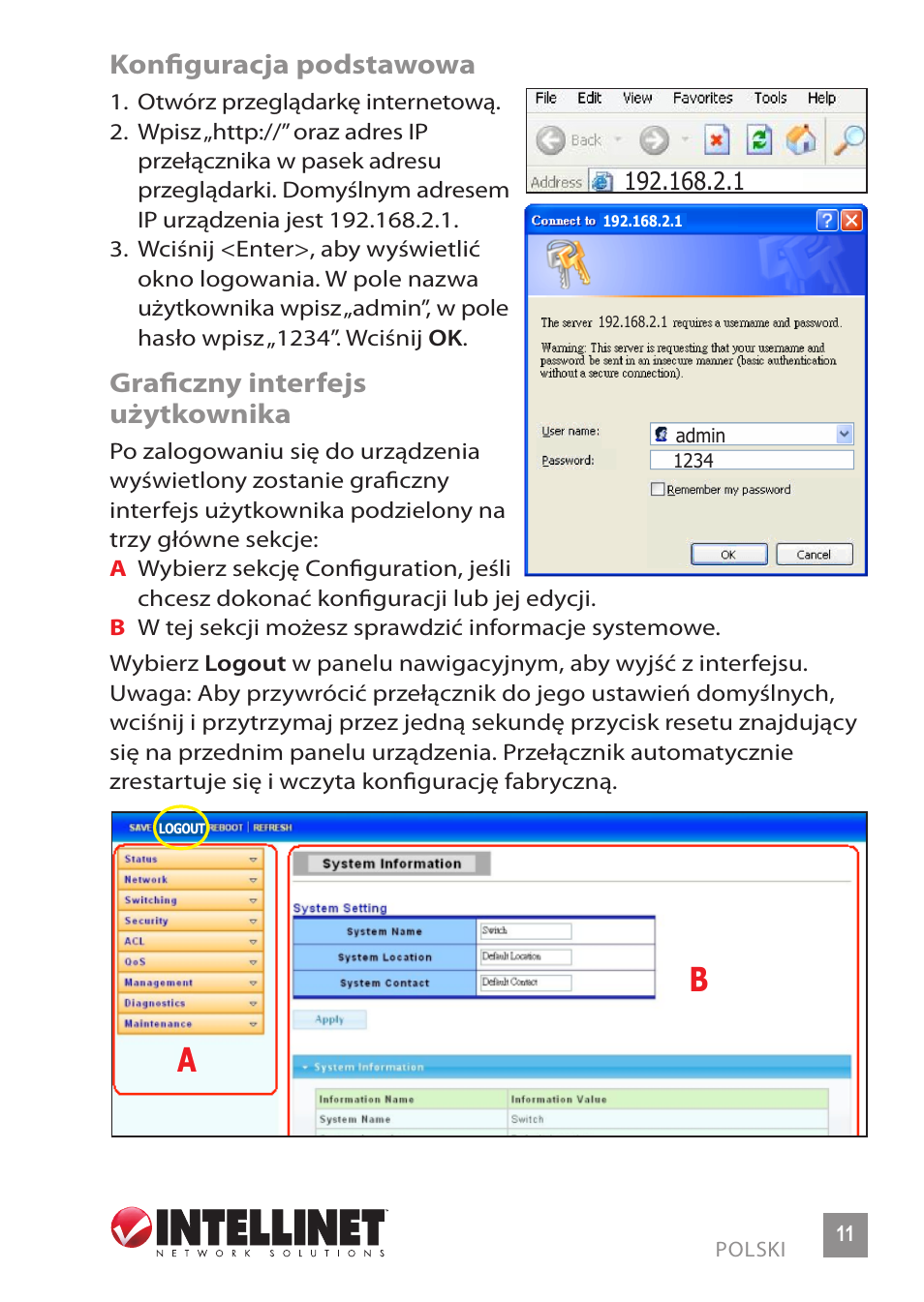 Konfiguracja podstawowa, Graficzny interfejs użytkownika | INTELLINET NETWORK 560801 24-Port Gigabit Managed Switch + 4 SFP Ports Quick Install Guide User Manual | Page 11 / 16