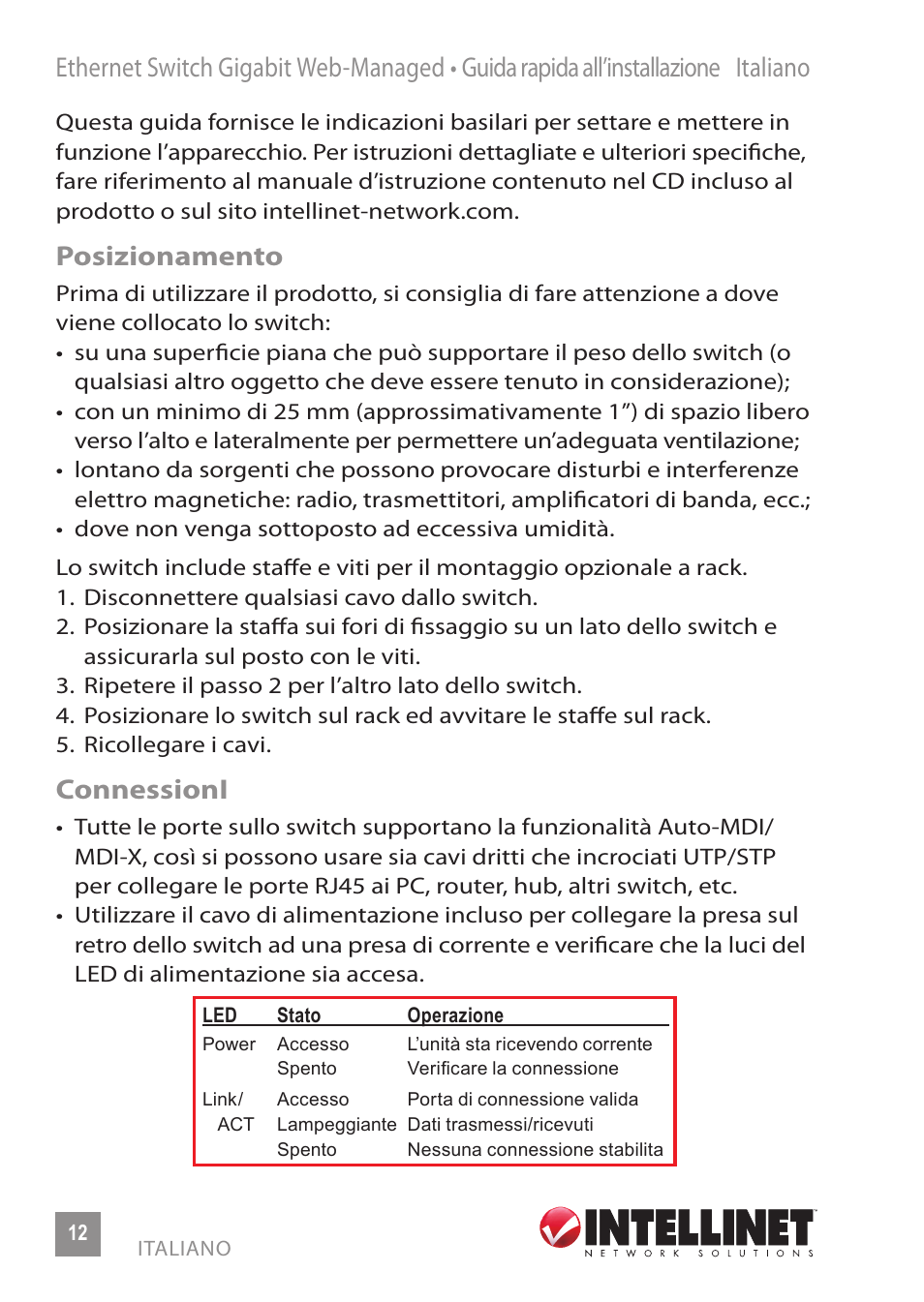 Posizionamento, Connessioni | INTELLINET NETWORK 560801 24-Port Gigabit Managed Switch + 4 SFP Ports Quick Install Guide User Manual | Page 12 / 16