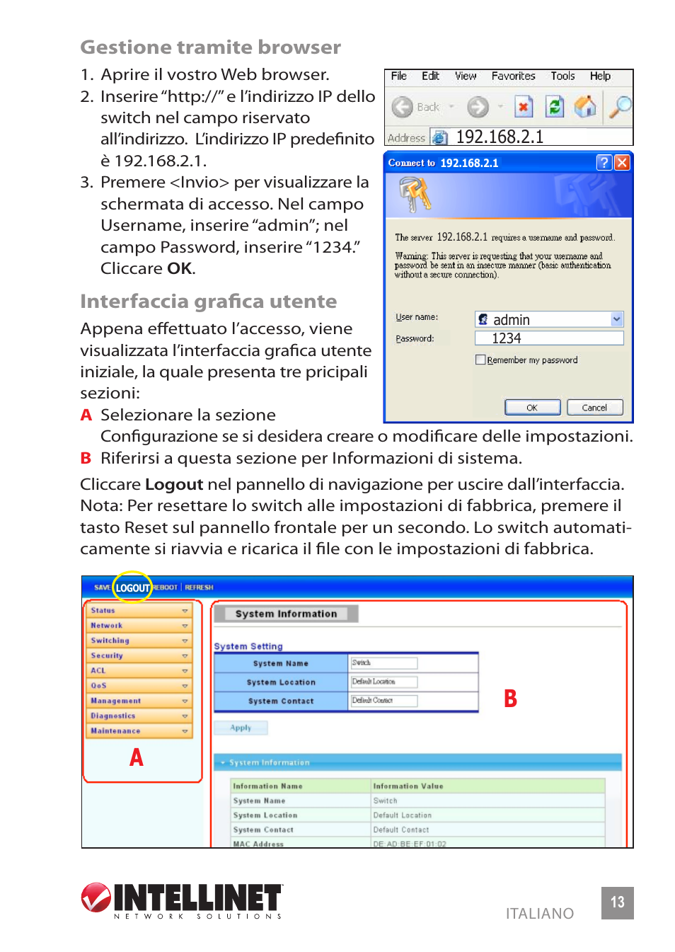 Gestione tramite browser, Interfaccia grafica utente | INTELLINET NETWORK 560801 24-Port Gigabit Managed Switch + 4 SFP Ports Quick Install Guide User Manual | Page 13 / 16