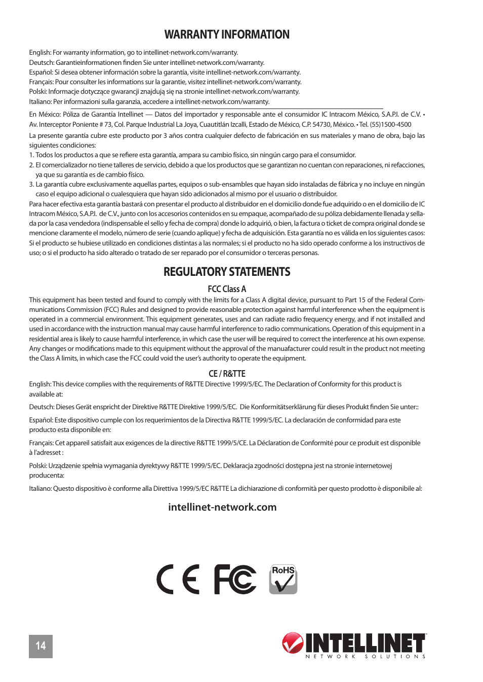 Regulatory statements, Warranty information | INTELLINET NETWORK 560801 24-Port Gigabit Managed Switch + 4 SFP Ports Quick Install Guide User Manual | Page 14 / 16