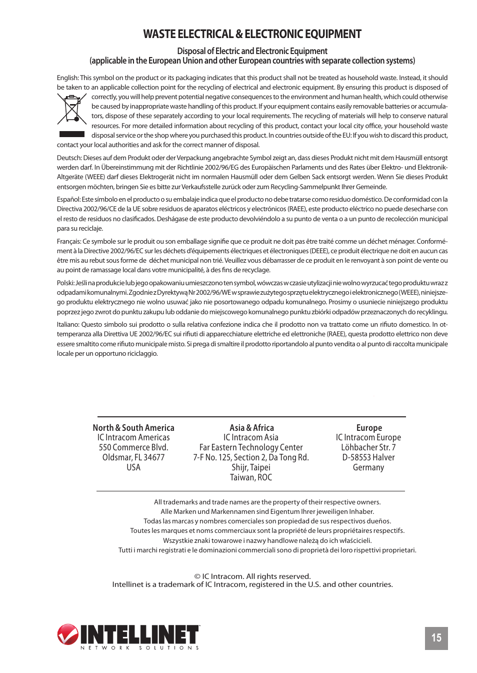 Waste electrical & electronic equipment | INTELLINET NETWORK 560801 24-Port Gigabit Managed Switch + 4 SFP Ports Quick Install Guide User Manual | Page 15 / 16