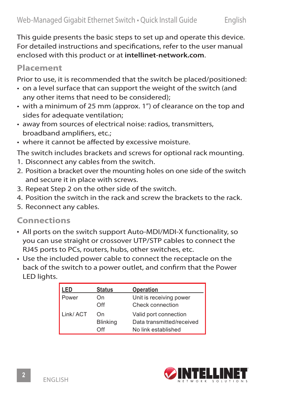 Placement, Connections | INTELLINET NETWORK 560801 24-Port Gigabit Managed Switch + 4 SFP Ports Quick Install Guide User Manual | Page 2 / 16