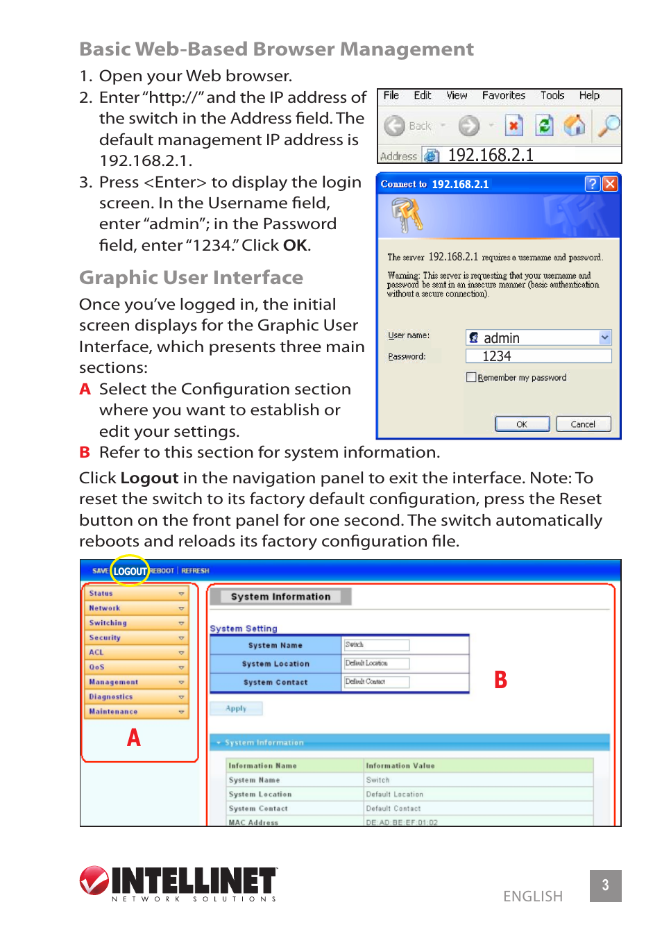 Basic web-based browser management, Graphic user interface | INTELLINET NETWORK 560801 24-Port Gigabit Managed Switch + 4 SFP Ports Quick Install Guide User Manual | Page 3 / 16