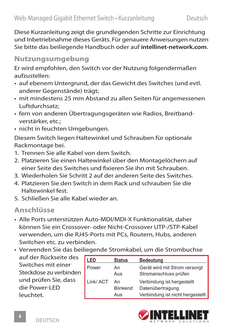 Nutzungsumgebung, Anschlüsse | INTELLINET NETWORK 560801 24-Port Gigabit Managed Switch + 4 SFP Ports Quick Install Guide User Manual | Page 4 / 16