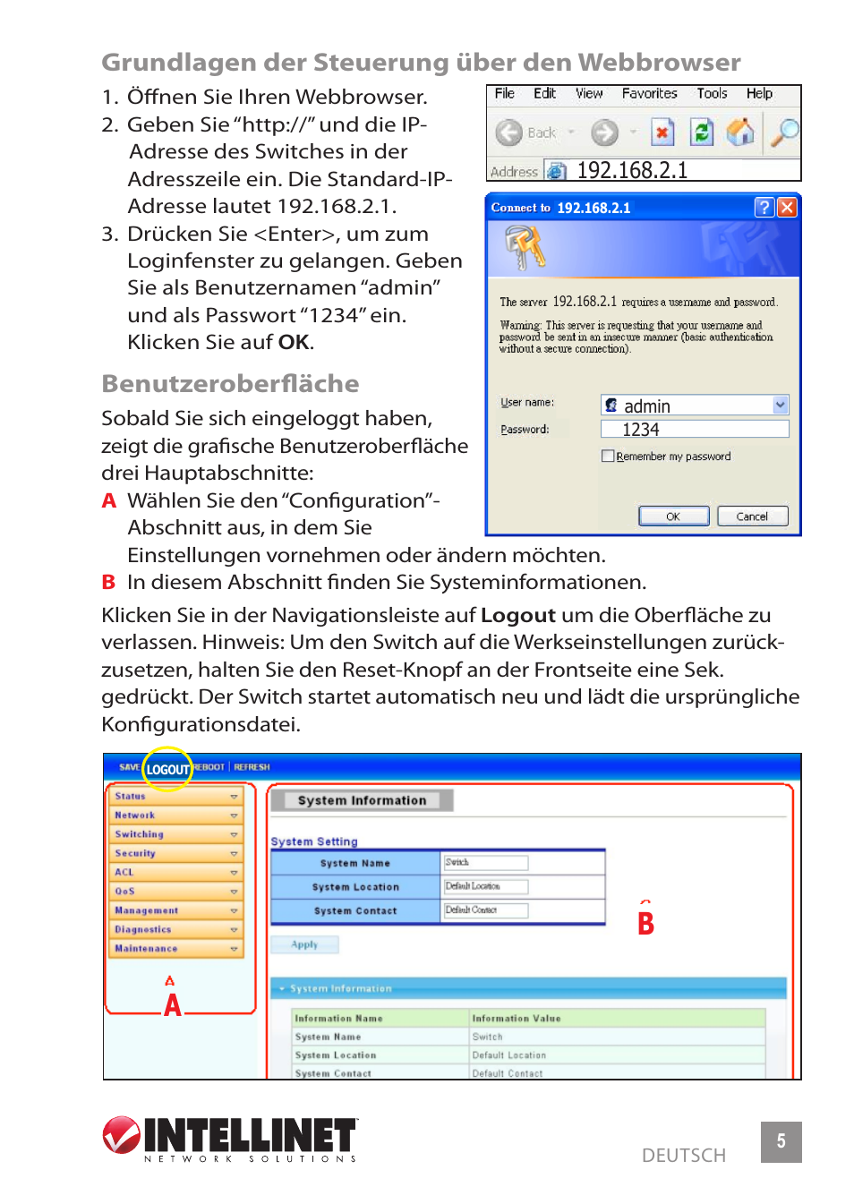 Grundlagen der steuerung über den webbrowser, Benutzeroberfläche | INTELLINET NETWORK 560801 24-Port Gigabit Managed Switch + 4 SFP Ports Quick Install Guide User Manual | Page 5 / 16