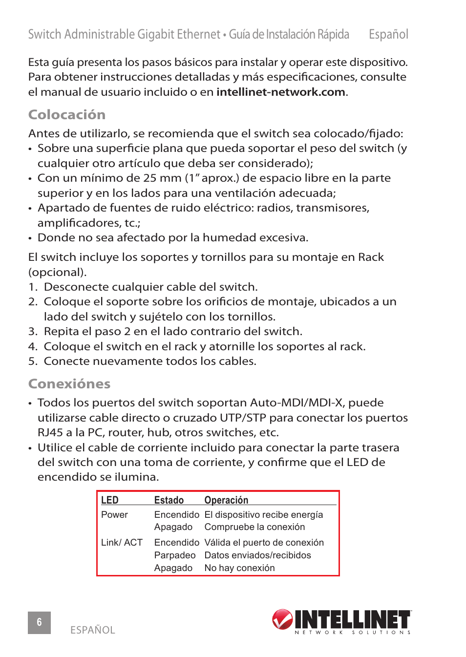 Colocación, Conexiónes | INTELLINET NETWORK 560801 24-Port Gigabit Managed Switch + 4 SFP Ports Quick Install Guide User Manual | Page 6 / 16