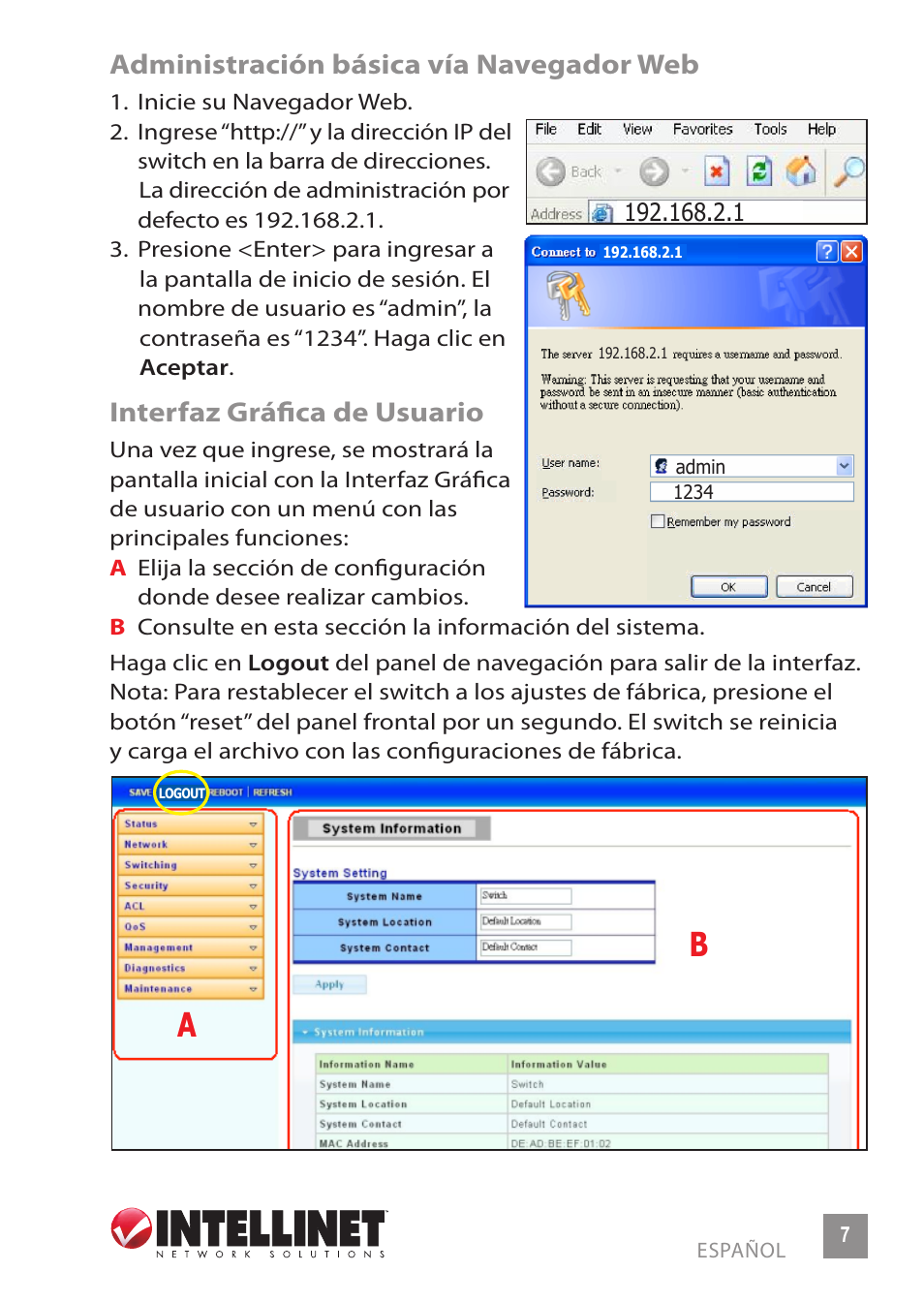Administración básica vía navegador web, Interfaz gráfica de usuario | INTELLINET NETWORK 560801 24-Port Gigabit Managed Switch + 4 SFP Ports Quick Install Guide User Manual | Page 7 / 16