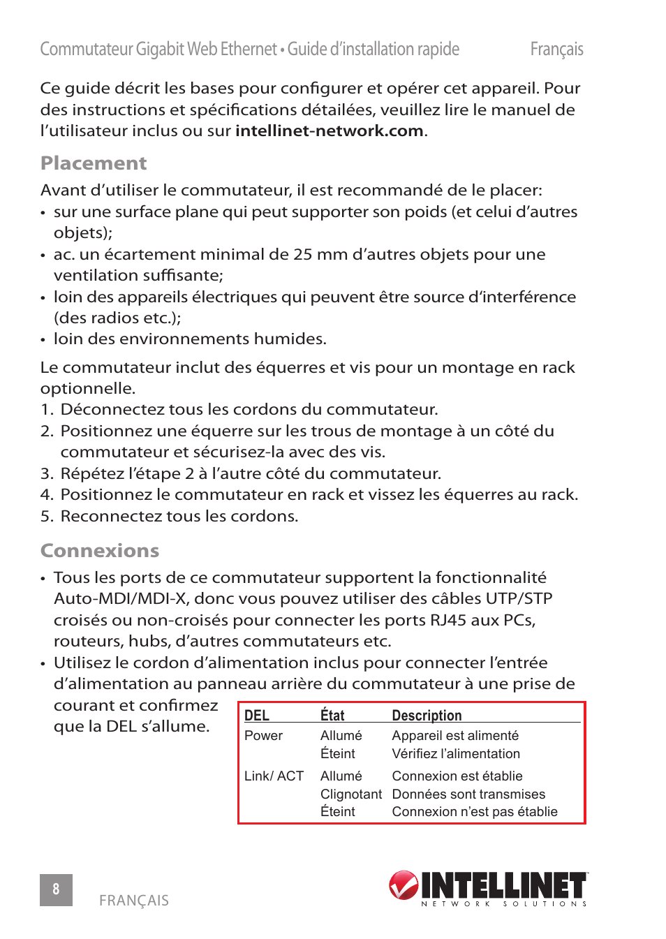 Placement, Connexions | INTELLINET NETWORK 560801 24-Port Gigabit Managed Switch + 4 SFP Ports Quick Install Guide User Manual | Page 8 / 16