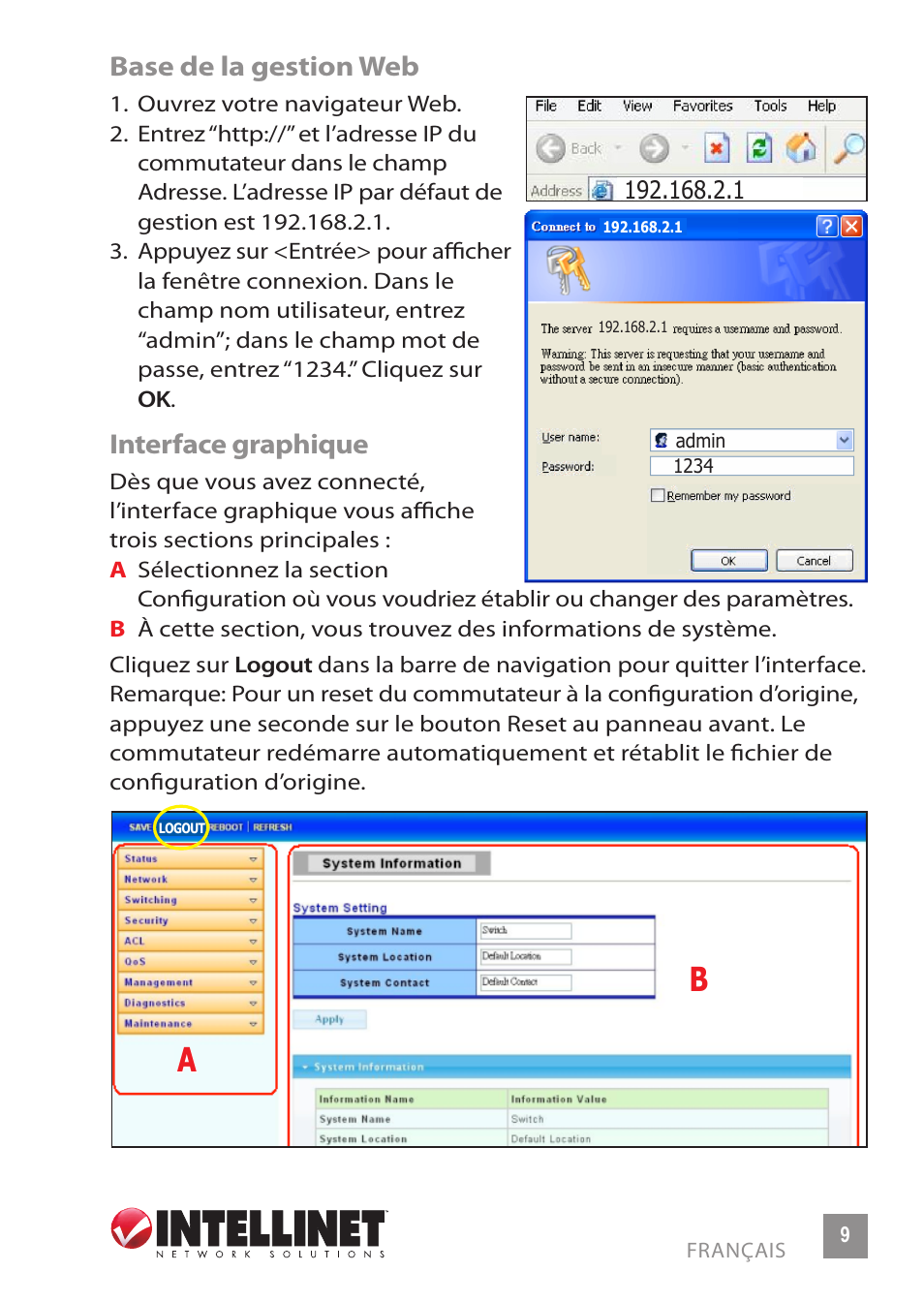 Base de la gestion web, Interface graphique | INTELLINET NETWORK 560801 24-Port Gigabit Managed Switch + 4 SFP Ports Quick Install Guide User Manual | Page 9 / 16