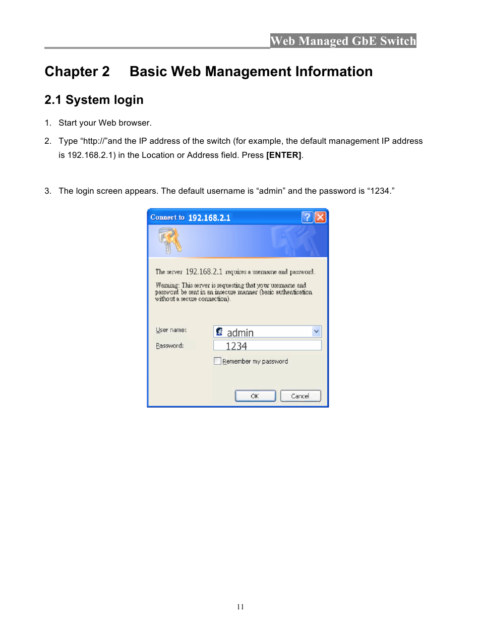 Chapter 2 basic web management information, Web managed gbe switch, 1 system login | INTELLINET NETWORK 560801 24-Port Gigabit Managed Switch + 4 SFP Ports User Manual User Manual | Page 11 / 96