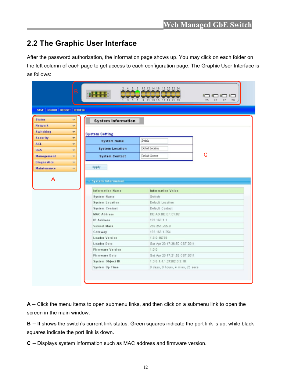 Web managed gbe switch, 2 the graphic user interface | INTELLINET NETWORK 560801 24-Port Gigabit Managed Switch + 4 SFP Ports User Manual User Manual | Page 12 / 96