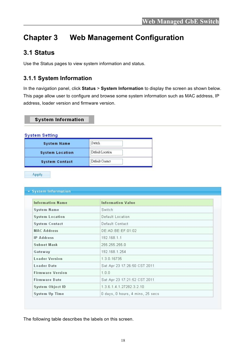 560801_560818_01_man_cd.3, Chapter 3 web management configuration, Web managed gbe switch | 1 status | INTELLINET NETWORK 560801 24-Port Gigabit Managed Switch + 4 SFP Ports User Manual User Manual | Page 18 / 96