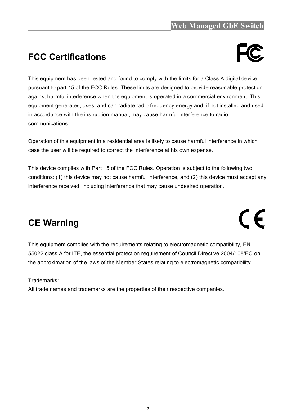 Fcc certifications, Ce warning | INTELLINET NETWORK 560801 24-Port Gigabit Managed Switch + 4 SFP Ports User Manual User Manual | Page 2 / 96