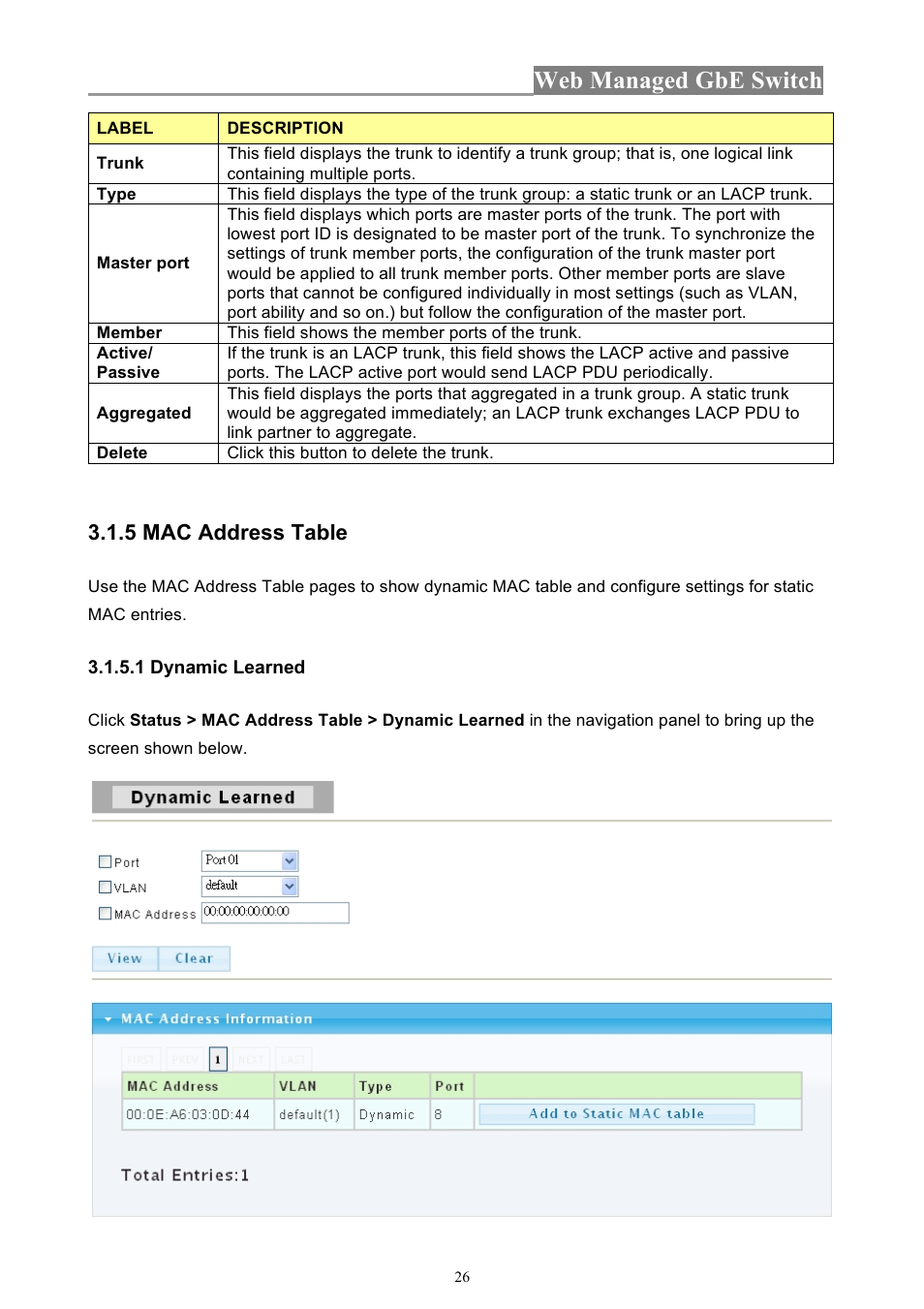 Web managed gbe switch, 5 mac address table | INTELLINET NETWORK 560801 24-Port Gigabit Managed Switch + 4 SFP Ports User Manual User Manual | Page 26 / 96