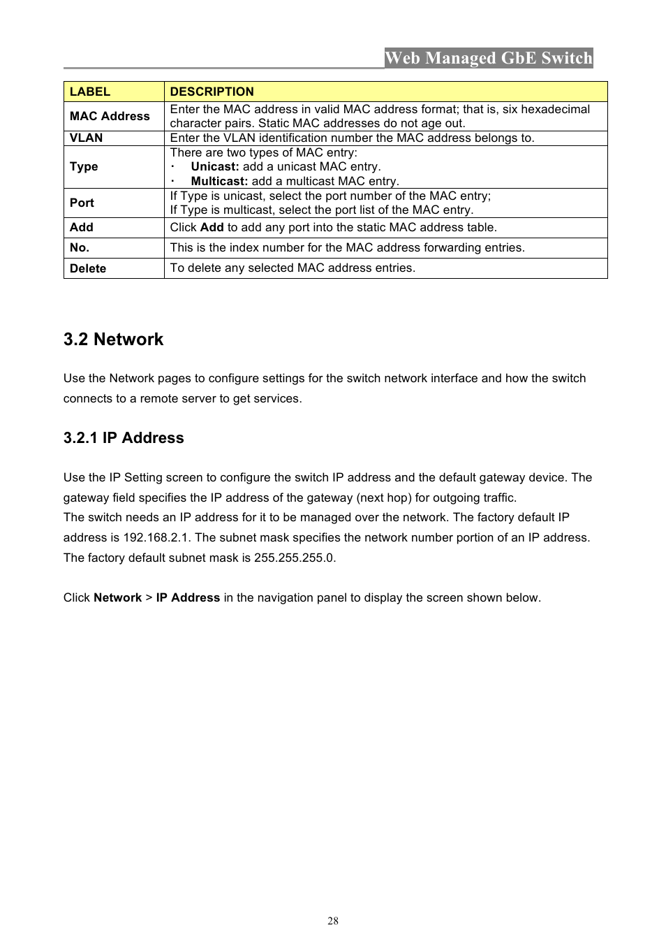 Web managed gbe switch, 2 network, 1 ip address | INTELLINET NETWORK 560801 24-Port Gigabit Managed Switch + 4 SFP Ports User Manual User Manual | Page 28 / 96