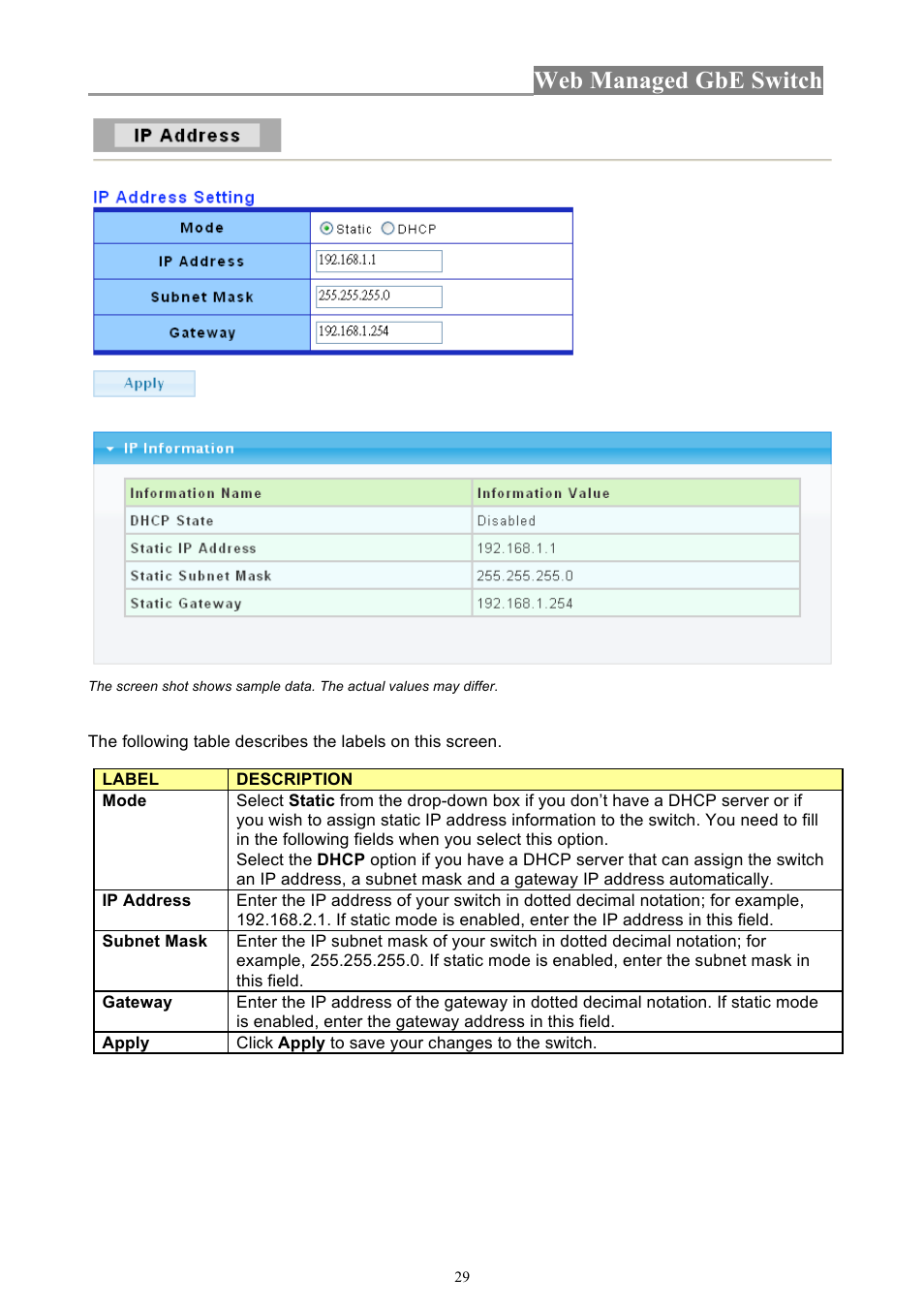 Web managed gbe switch | INTELLINET NETWORK 560801 24-Port Gigabit Managed Switch + 4 SFP Ports User Manual User Manual | Page 29 / 96