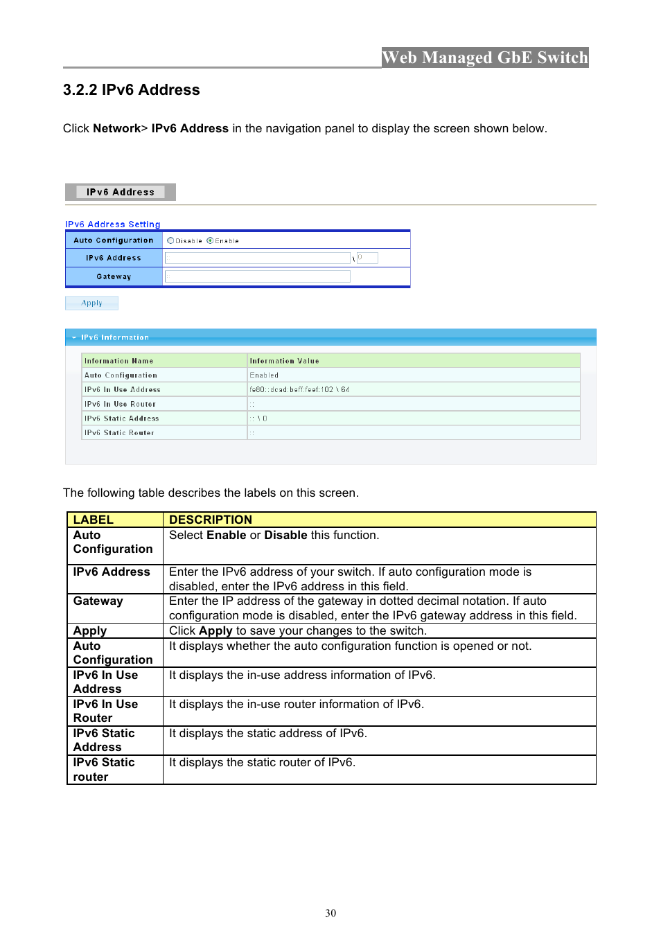 Web managed gbe switch, 2 ipv6 address | INTELLINET NETWORK 560801 24-Port Gigabit Managed Switch + 4 SFP Ports User Manual User Manual | Page 30 / 96