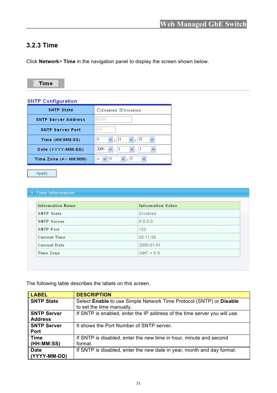 Web managed gbe switch, 3 time | INTELLINET NETWORK 560801 24-Port Gigabit Managed Switch + 4 SFP Ports User Manual User Manual | Page 31 / 96