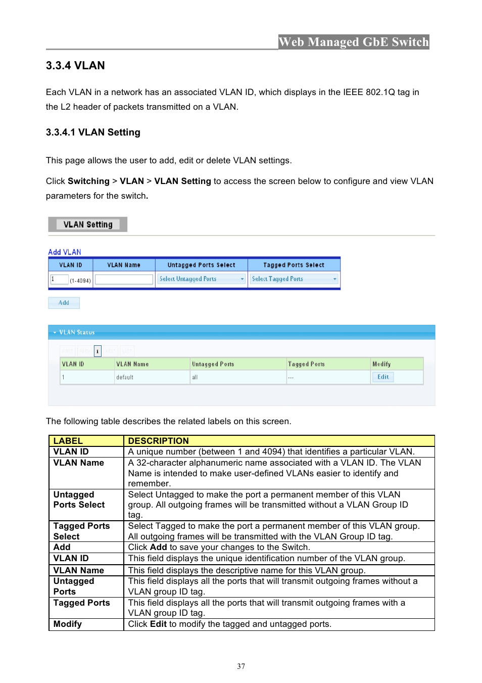 Web managed gbe switch, 4 vlan | INTELLINET NETWORK 560801 24-Port Gigabit Managed Switch + 4 SFP Ports User Manual User Manual | Page 37 / 96