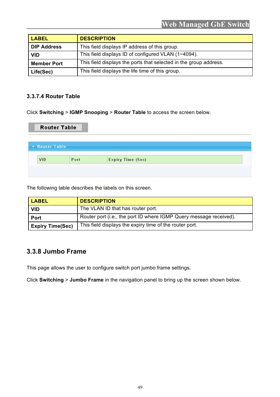 Web managed gbe switch, 8 jumbo frame | INTELLINET NETWORK 560801 24-Port Gigabit Managed Switch + 4 SFP Ports User Manual User Manual | Page 49 / 96