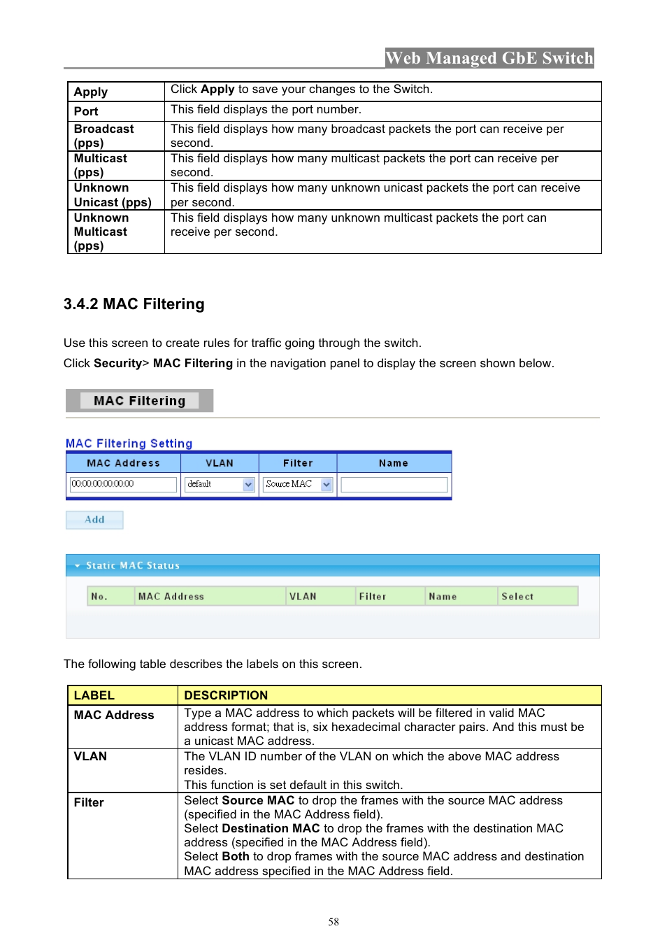 Web managed gbe switch, 2 mac filtering | INTELLINET NETWORK 560801 24-Port Gigabit Managed Switch + 4 SFP Ports User Manual User Manual | Page 58 / 96