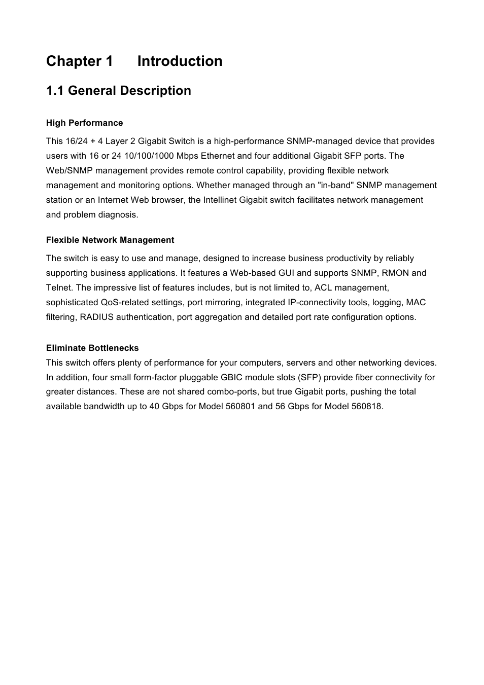 Chapter 1 introduction, 1 general description | INTELLINET NETWORK 560801 24-Port Gigabit Managed Switch + 4 SFP Ports User Manual User Manual | Page 6 / 96