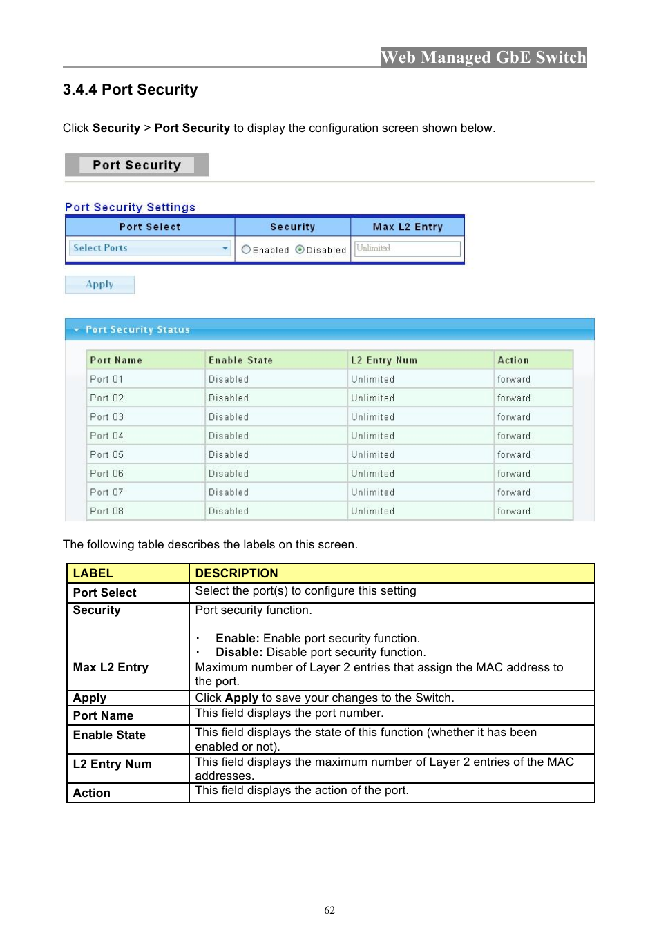 Web managed gbe switch, 4 port security | INTELLINET NETWORK 560801 24-Port Gigabit Managed Switch + 4 SFP Ports User Manual User Manual | Page 62 / 96