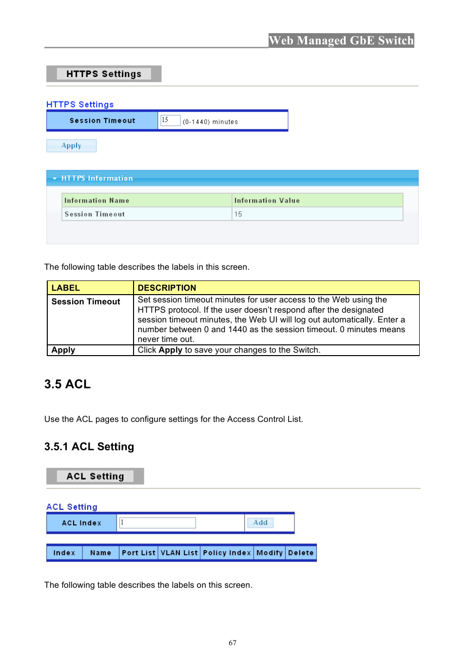 Web managed gbe switch, 5 acl | INTELLINET NETWORK 560801 24-Port Gigabit Managed Switch + 4 SFP Ports User Manual User Manual | Page 67 / 96