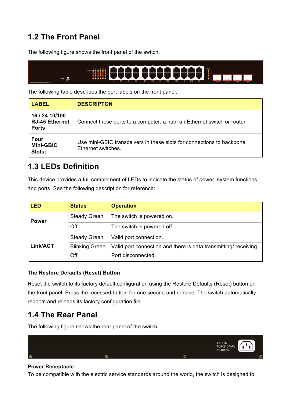 2 the front panel, 3 leds definition, 4 the rear panel | INTELLINET NETWORK 560801 24-Port Gigabit Managed Switch + 4 SFP Ports User Manual User Manual | Page 7 / 96