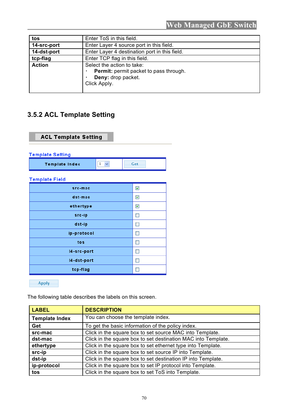 Web managed gbe switch, 2 acl template setting | INTELLINET NETWORK 560801 24-Port Gigabit Managed Switch + 4 SFP Ports User Manual User Manual | Page 70 / 96
