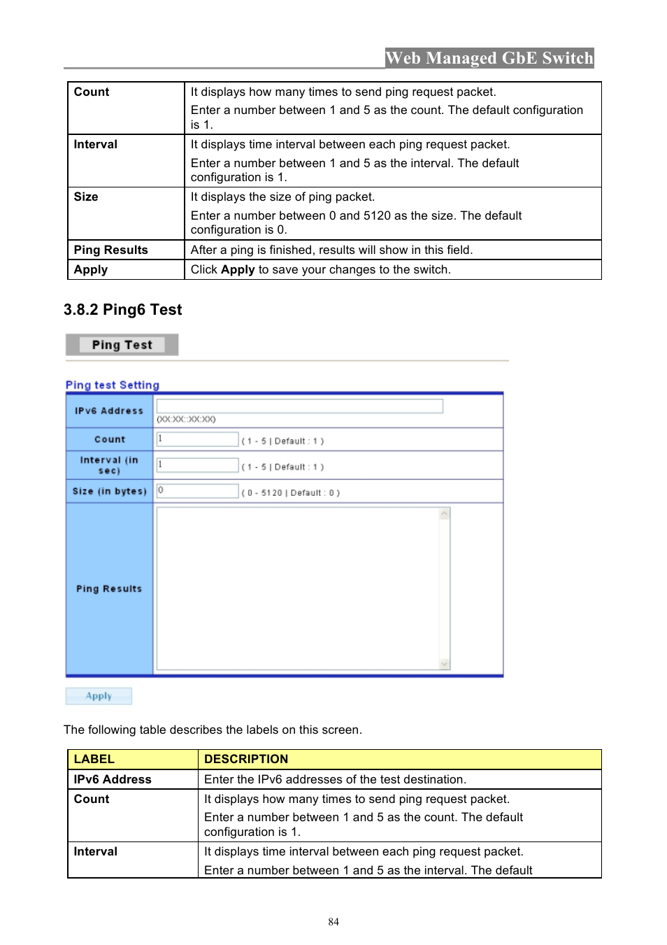 Web managed gbe switch, 2 ping6 test | INTELLINET NETWORK 560801 24-Port Gigabit Managed Switch + 4 SFP Ports User Manual User Manual | Page 84 / 96