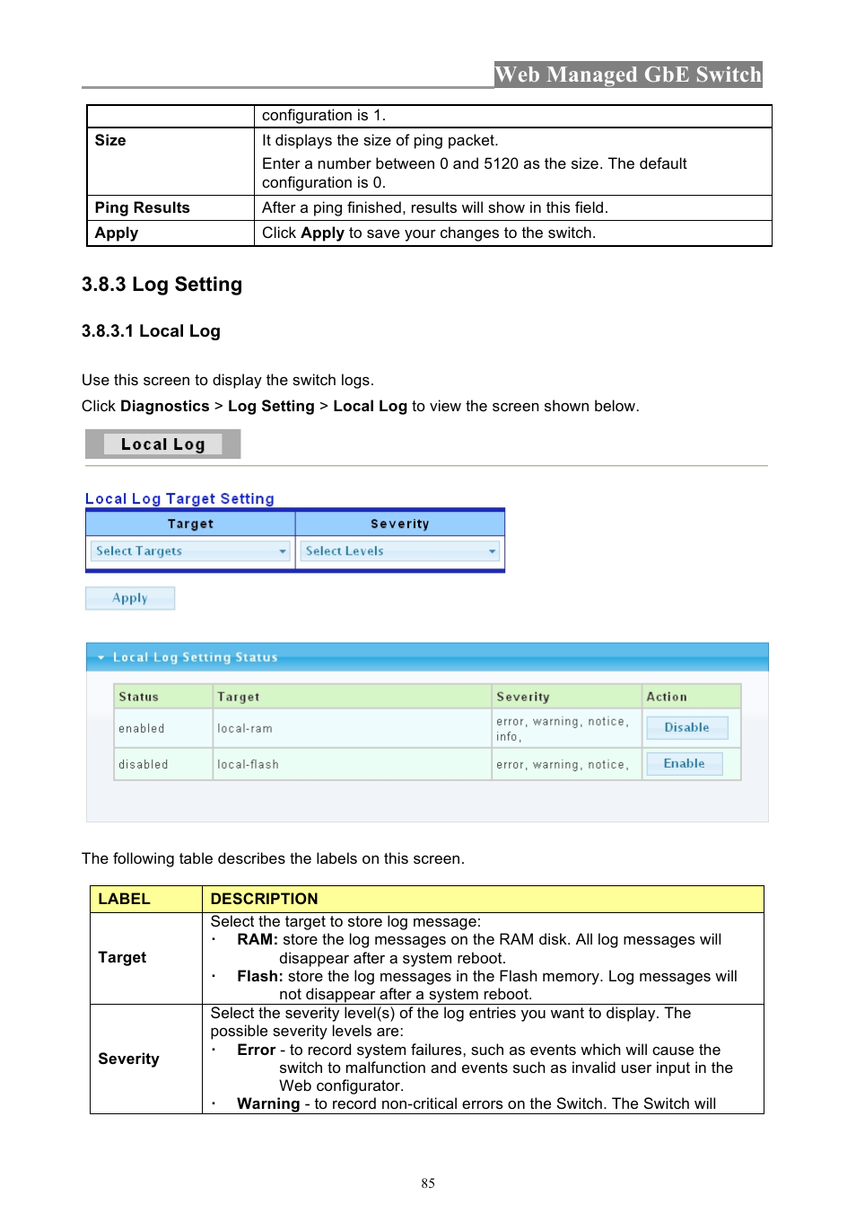 Web managed gbe switch, 3 log setting | INTELLINET NETWORK 560801 24-Port Gigabit Managed Switch + 4 SFP Ports User Manual User Manual | Page 85 / 96