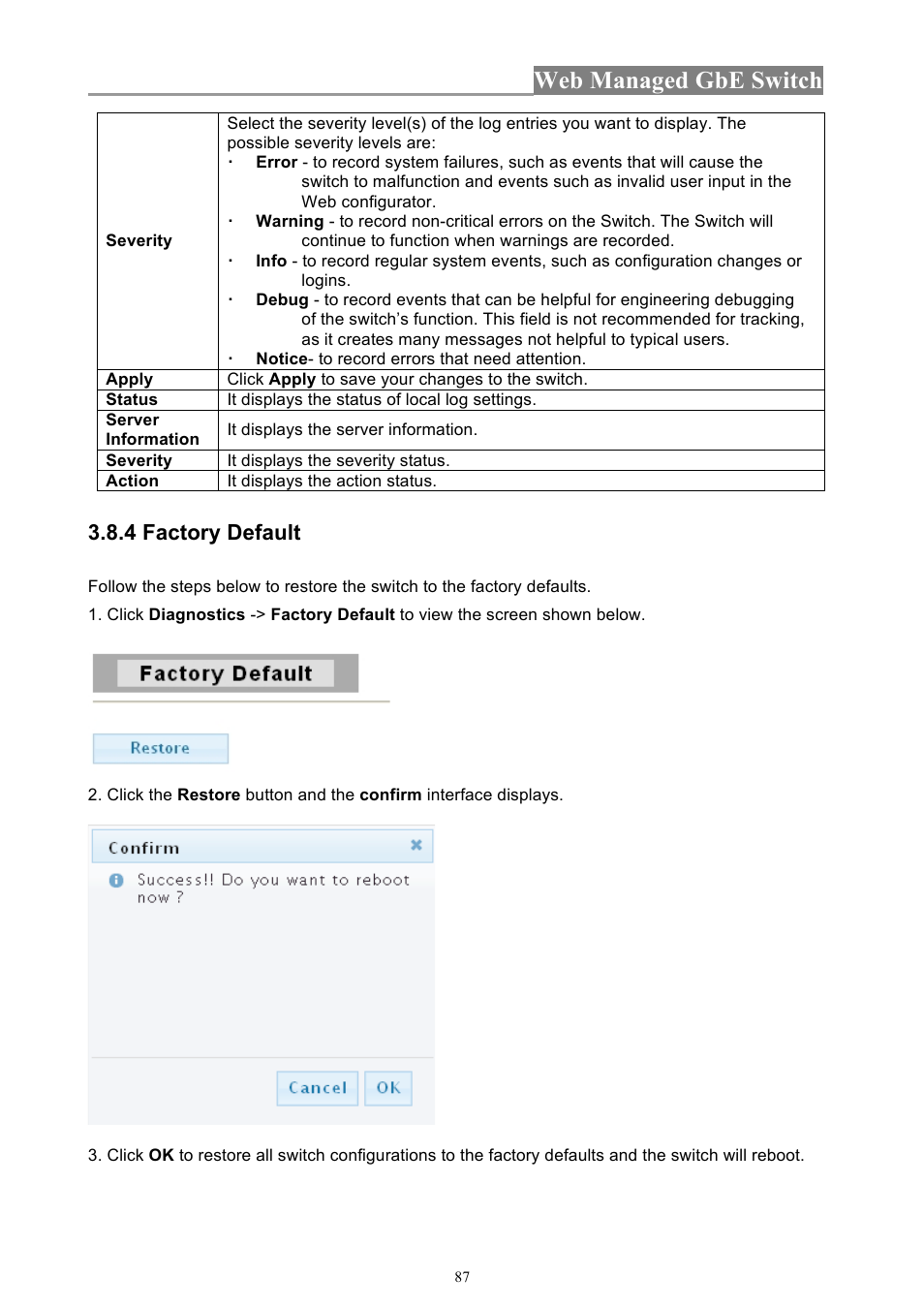 Web managed gbe switch, 4 factory default | INTELLINET NETWORK 560801 24-Port Gigabit Managed Switch + 4 SFP Ports User Manual User Manual | Page 87 / 96