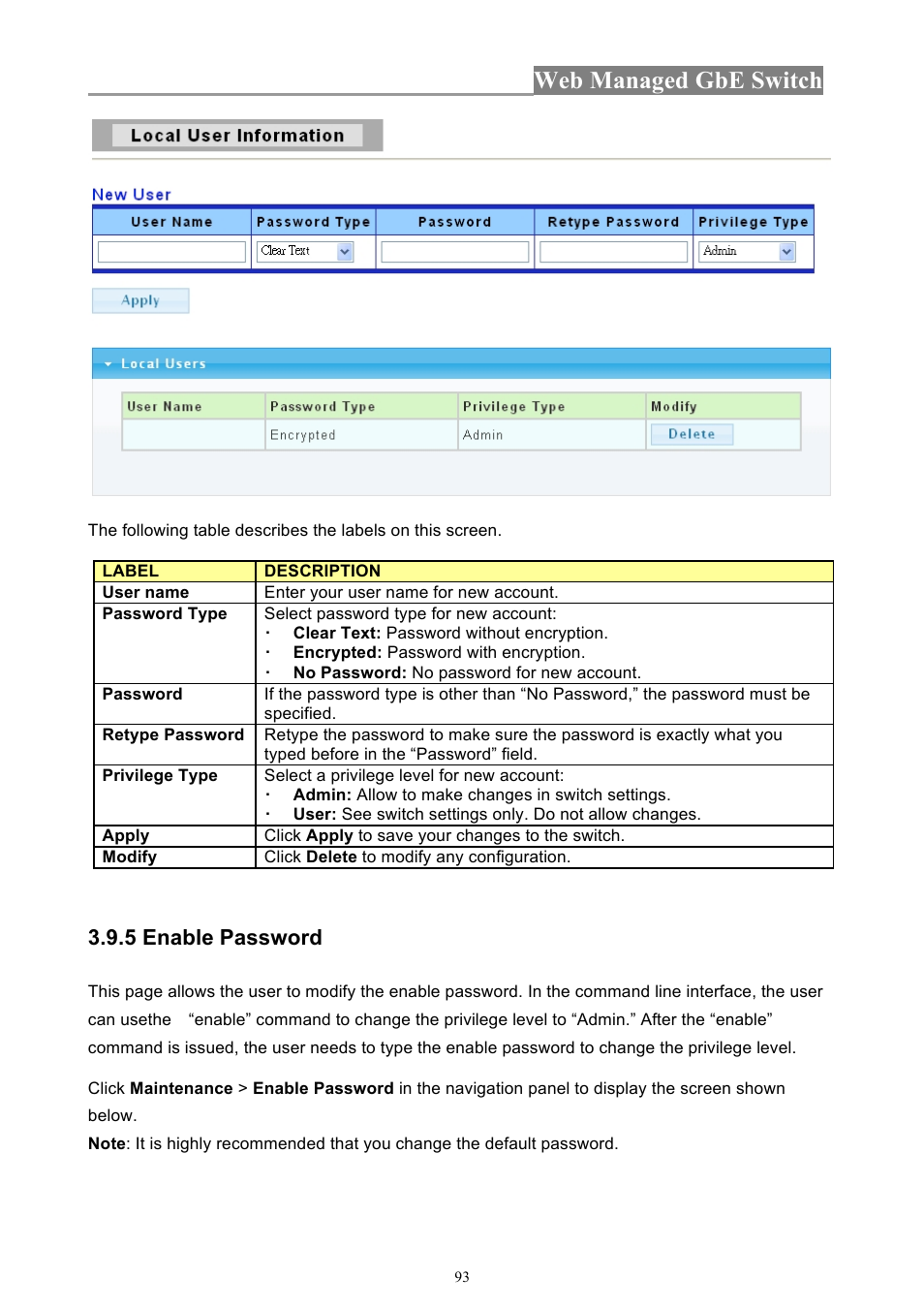 Web managed gbe switch, 5 enable password | INTELLINET NETWORK 560801 24-Port Gigabit Managed Switch + 4 SFP Ports User Manual User Manual | Page 93 / 96