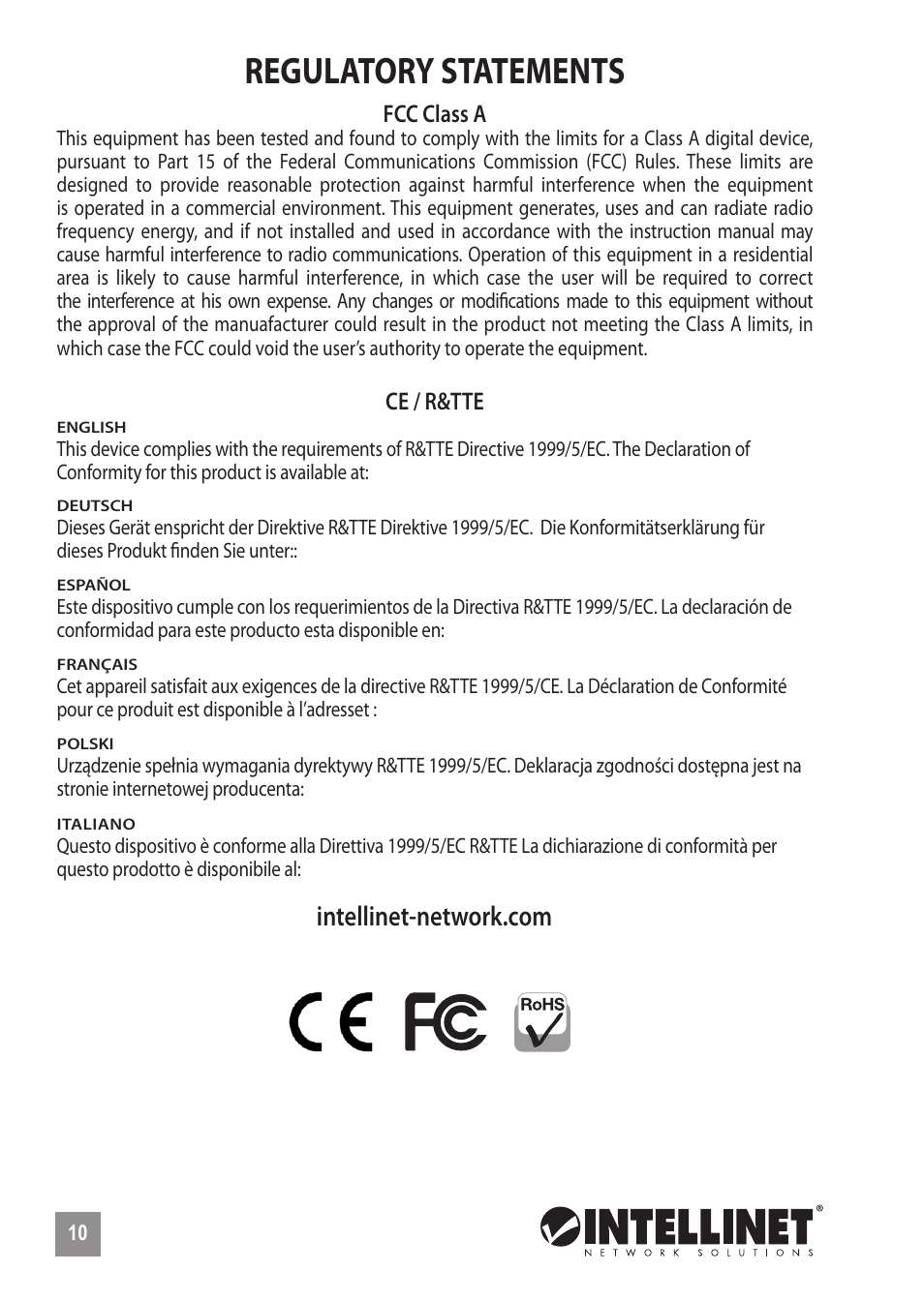 Regulatory statements | INTELLINET NETWORK 524148 24-Port Gigabit Ethernet Rackmount Switch Quick Install Guide User Manual | Page 10 / 12