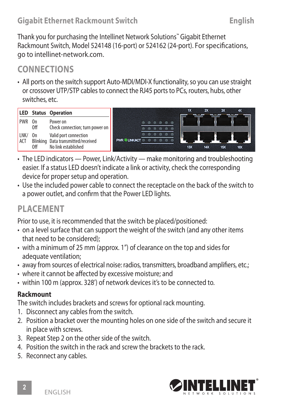 Connections, Placement, Gigabit ethernet rackmount switch english | INTELLINET NETWORK 524148 24-Port Gigabit Ethernet Rackmount Switch Quick Install Guide User Manual | Page 2 / 12