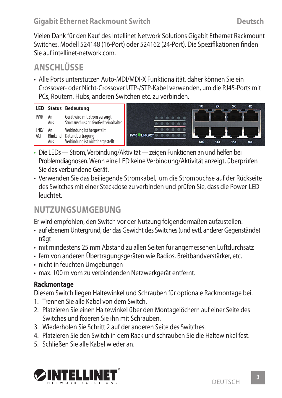 Anschlüsse, Nutzungsumgebung, Gigabit ethernet rackmount switch deutsch | INTELLINET NETWORK 524148 24-Port Gigabit Ethernet Rackmount Switch Quick Install Guide User Manual | Page 3 / 12
