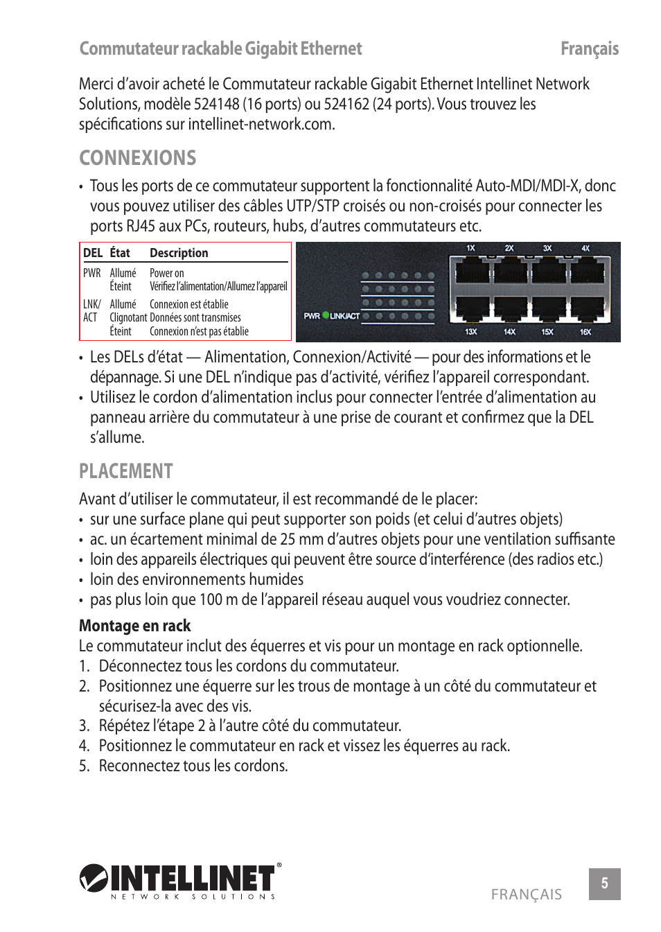 Connexions, Placement, Commutateur rackable gigabit ethernet français | INTELLINET NETWORK 524148 24-Port Gigabit Ethernet Rackmount Switch Quick Install Guide User Manual | Page 5 / 12