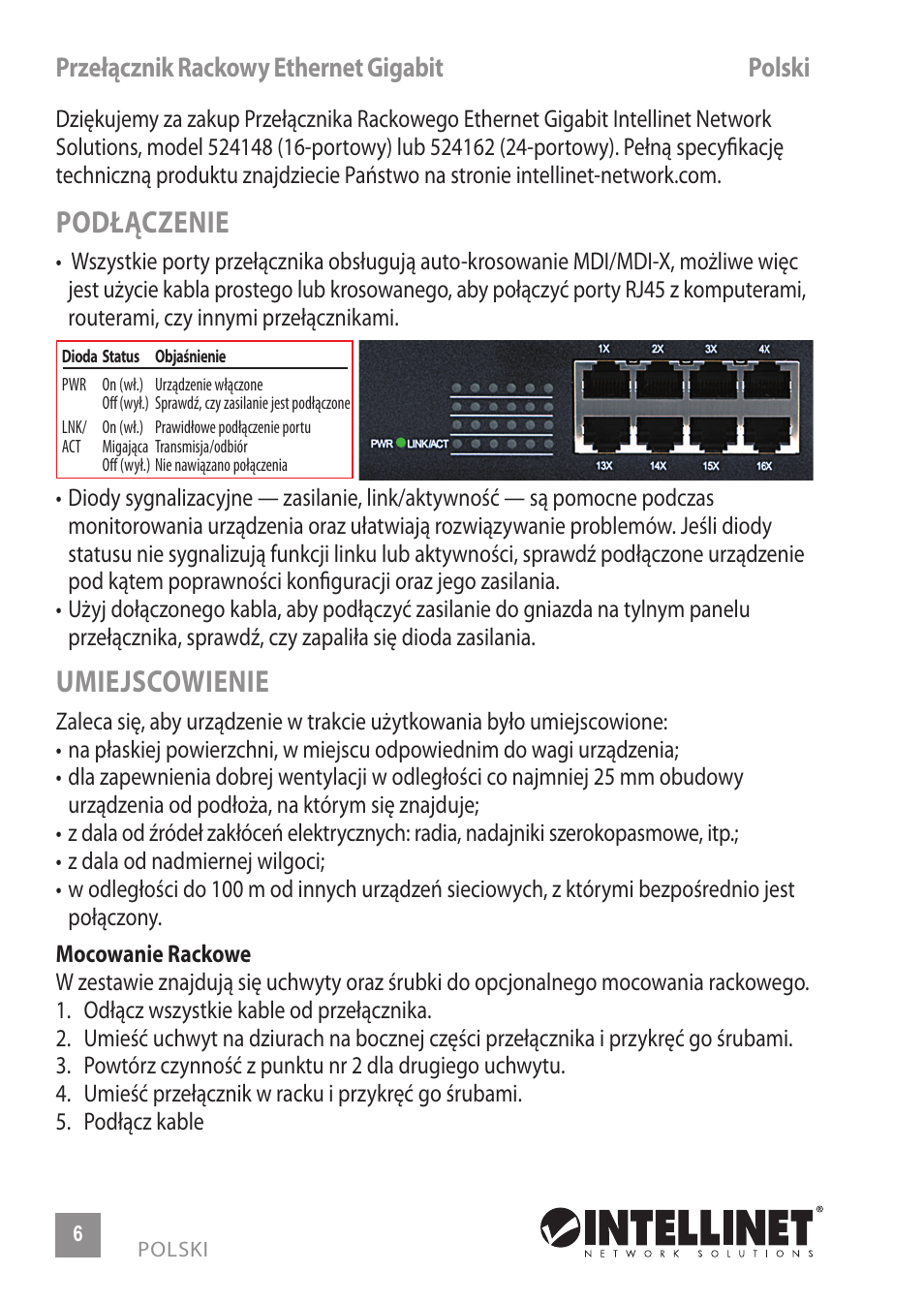 Podłączenie, Umiejscowienie, Przełącznik rackowy ethernet gigabit polski | INTELLINET NETWORK 524148 24-Port Gigabit Ethernet Rackmount Switch Quick Install Guide User Manual | Page 6 / 12
