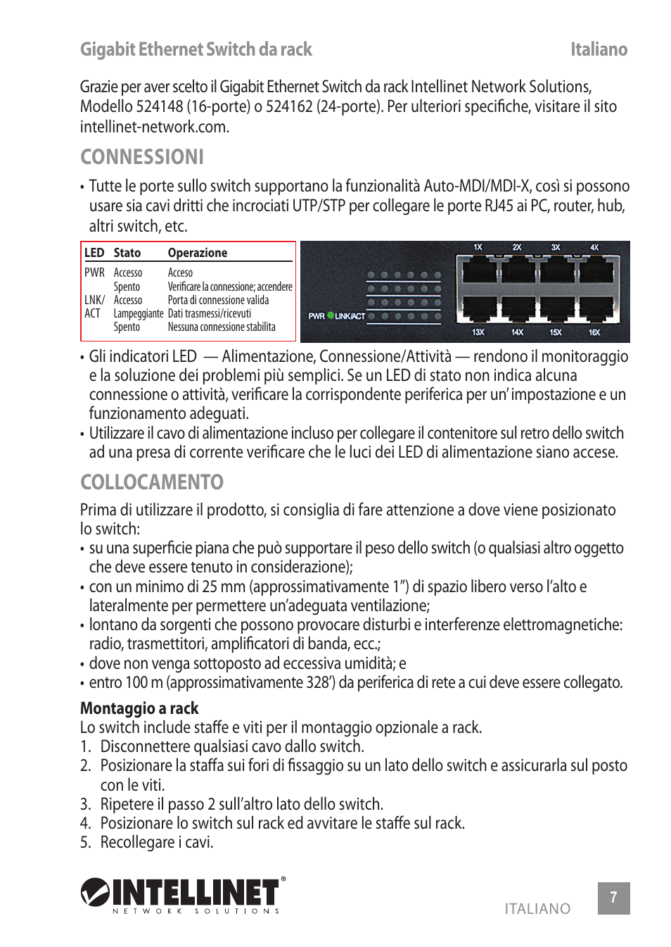 Connessioni, Collocamento, Gigabit ethernet switch da rack italiano | INTELLINET NETWORK 524148 24-Port Gigabit Ethernet Rackmount Switch Quick Install Guide User Manual | Page 7 / 12