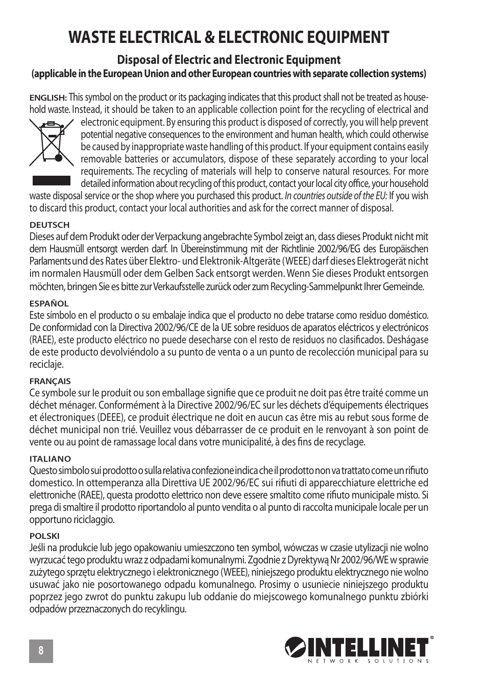 Waste electrical & electronic equipment | INTELLINET NETWORK 524148 24-Port Gigabit Ethernet Rackmount Switch Quick Install Guide User Manual | Page 8 / 12