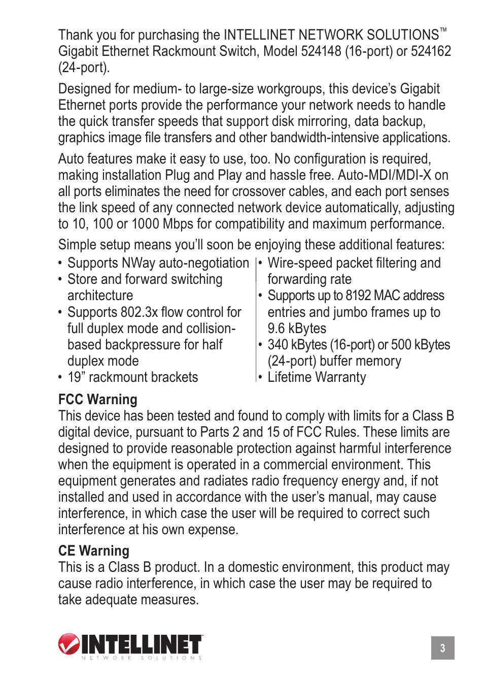 INTELLINET NETWORK 524148 24-Port Gigabit Ethernet Rackmount Switch User Manual User Manual | Page 3 / 8