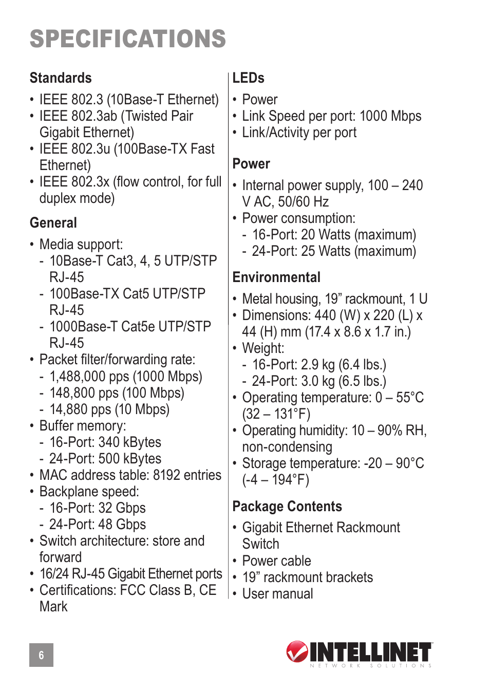 Specifications | INTELLINET NETWORK 524148 24-Port Gigabit Ethernet Rackmount Switch User Manual User Manual | Page 6 / 8