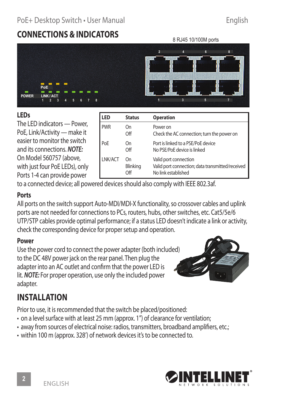 Connections & indicators, Installation, Poe+ desktop switch • user manual english | INTELLINET NETWORK 560764 4+4 PoE+ Office Switch User Manual | Page 2 / 12