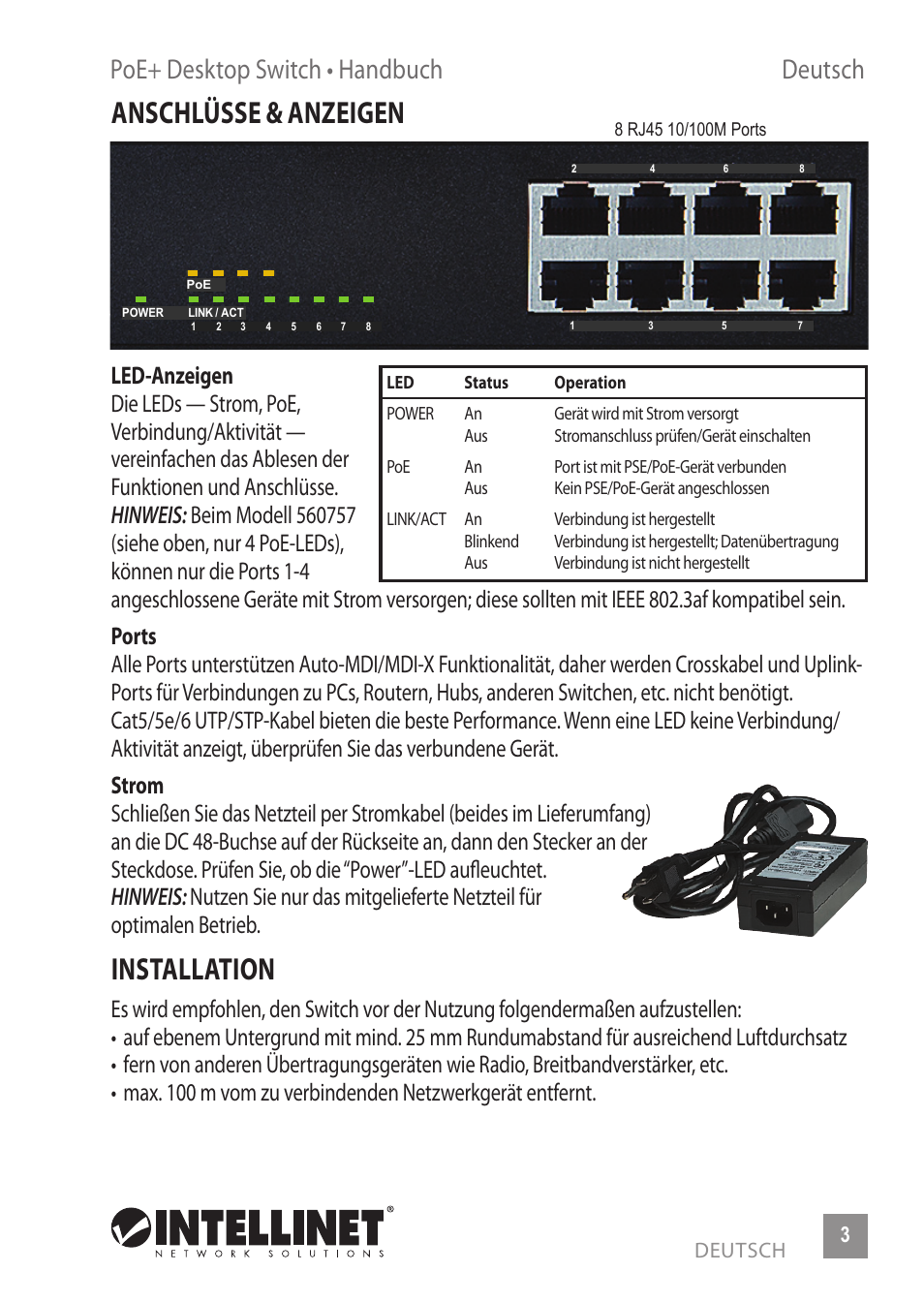 Anschlüsse & anzeigen, Installation, Poe+ desktop switch • handbuch deutsch | INTELLINET NETWORK 560764 4+4 PoE+ Office Switch User Manual | Page 3 / 12