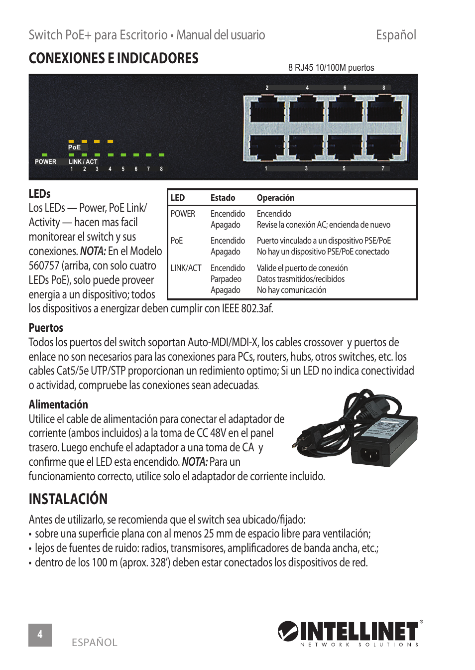 Conexiones e indicadores, Instalación | INTELLINET NETWORK 560764 4+4 PoE+ Office Switch User Manual | Page 4 / 12