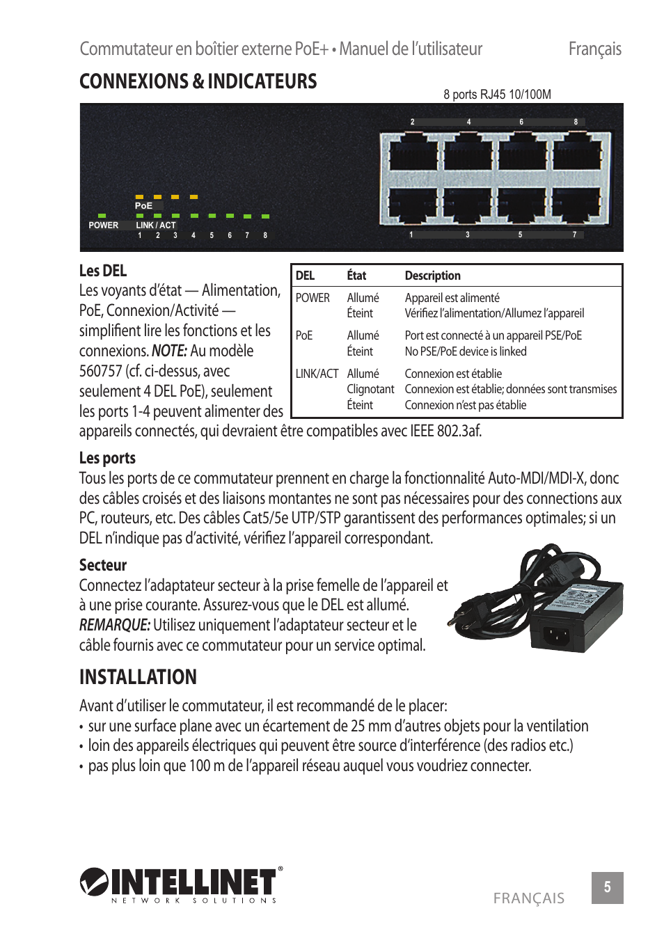 Connexions & indicateurs, Installation | INTELLINET NETWORK 560764 4+4 PoE+ Office Switch User Manual | Page 5 / 12